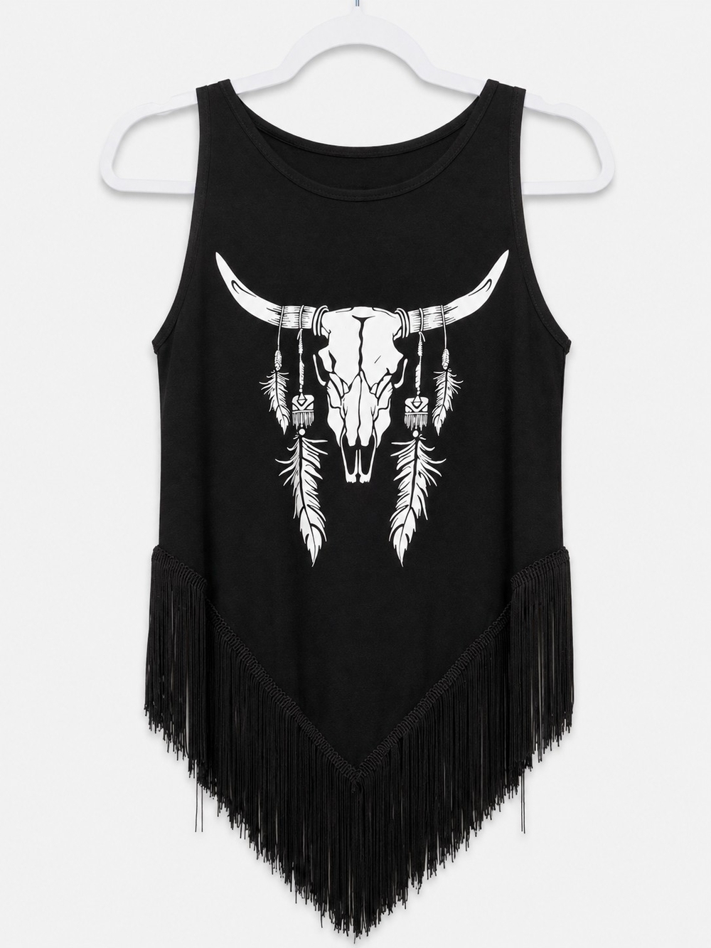 Women's Black Fringe Tank Top with White Bull Skull Graphic